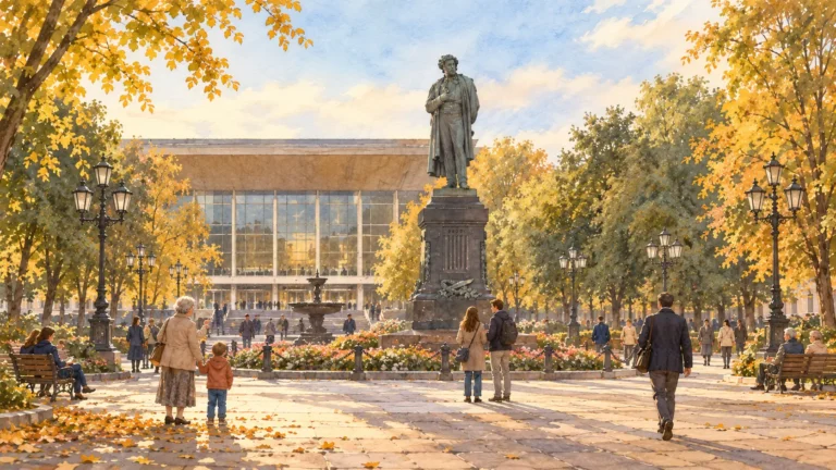 Памятник Пушкину на Пушкинской площади в Москве: бабушка с внуком, встреча у памятника, прохожие под деревьями — акварель